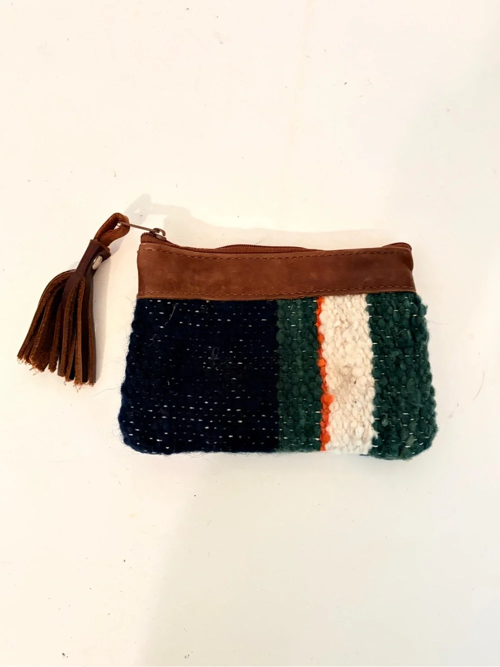 Striped Woven Wool with Leather Trim & Tassel Makeup Pouch Coin Purse Wallet